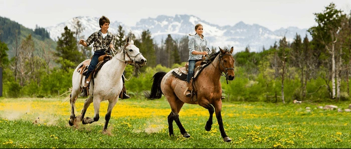 Confident plus-size woman riding Cambridge a horse through a field with a smile on her face.
